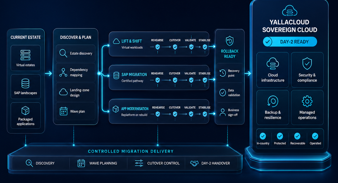 Controlled migration delivery from current estate to YallaCloud sovereign cloud